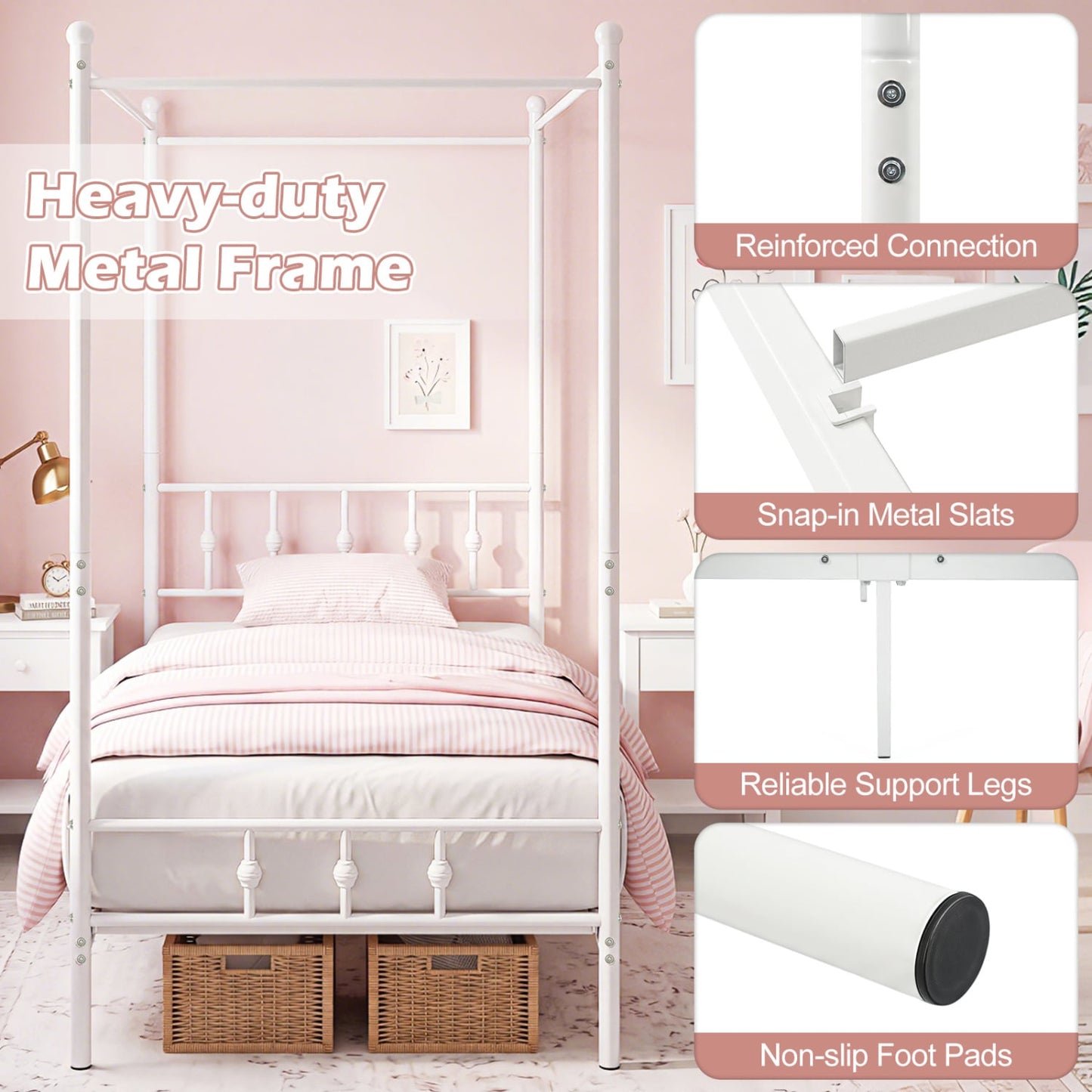 Twin Metal Canopy Bed Frame, White