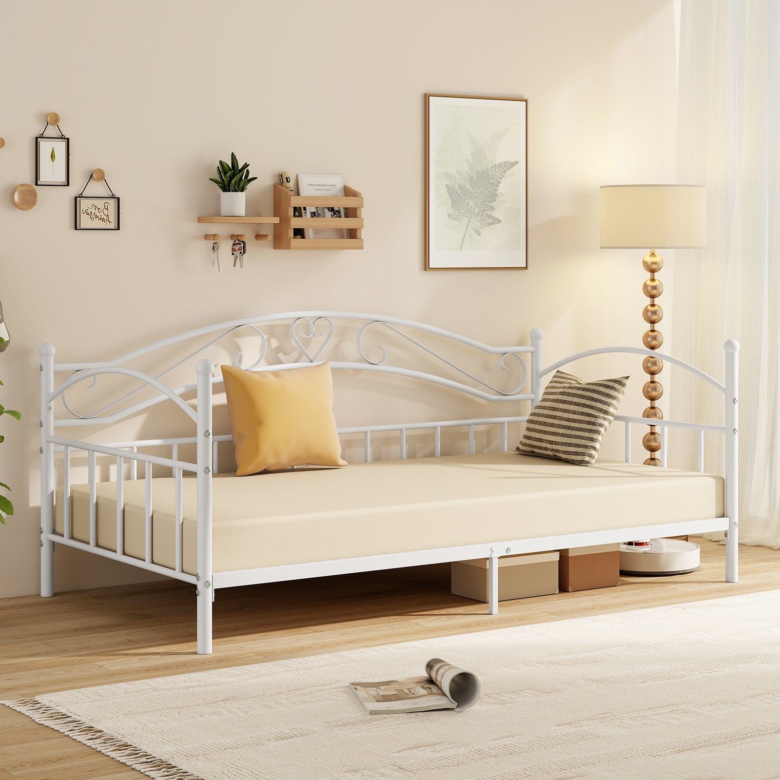 Twin Size Metal Daybed Frame with Headboard for Bedroom, White Trundle Bed Frame at Gallery Canada