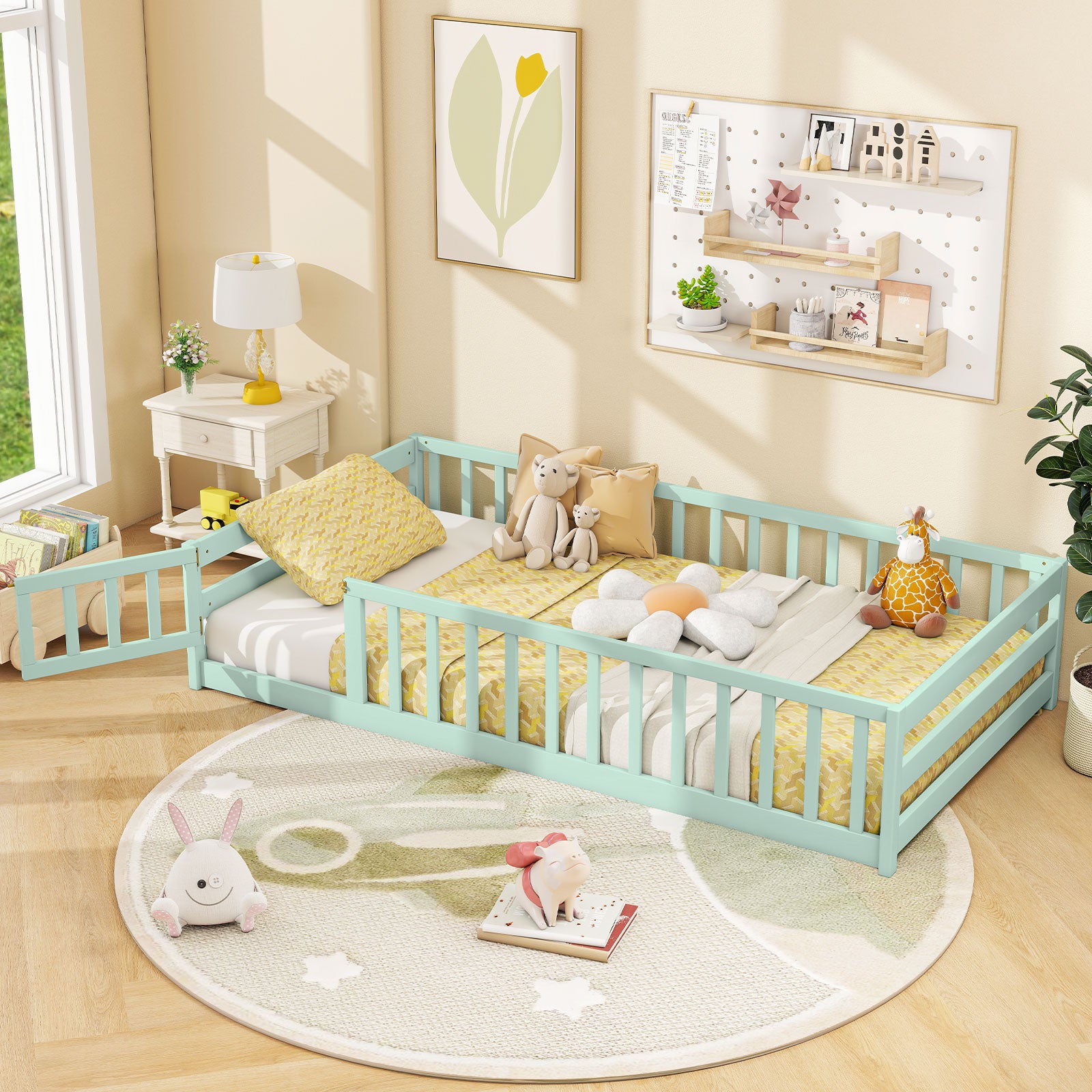Twin Size Montessori Floor Bed Frame, Full Length Safety Guardrails, Green Toddler Beds at Gallery Canada