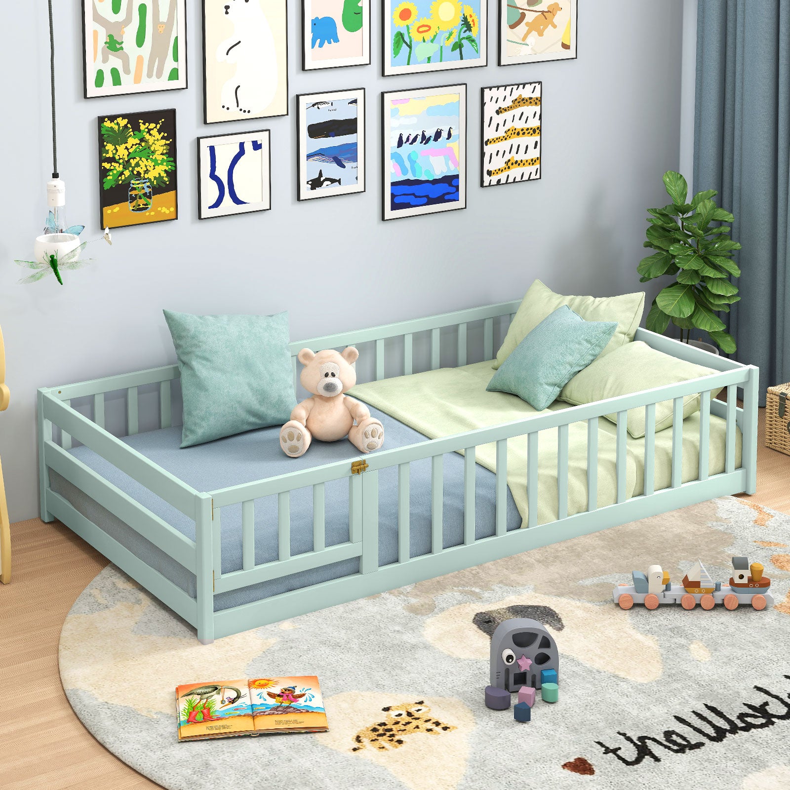 Twin Size Montessori Floor Bed Frame, Full Length Safety Guardrails, Green Toddler Beds at Gallery Canada