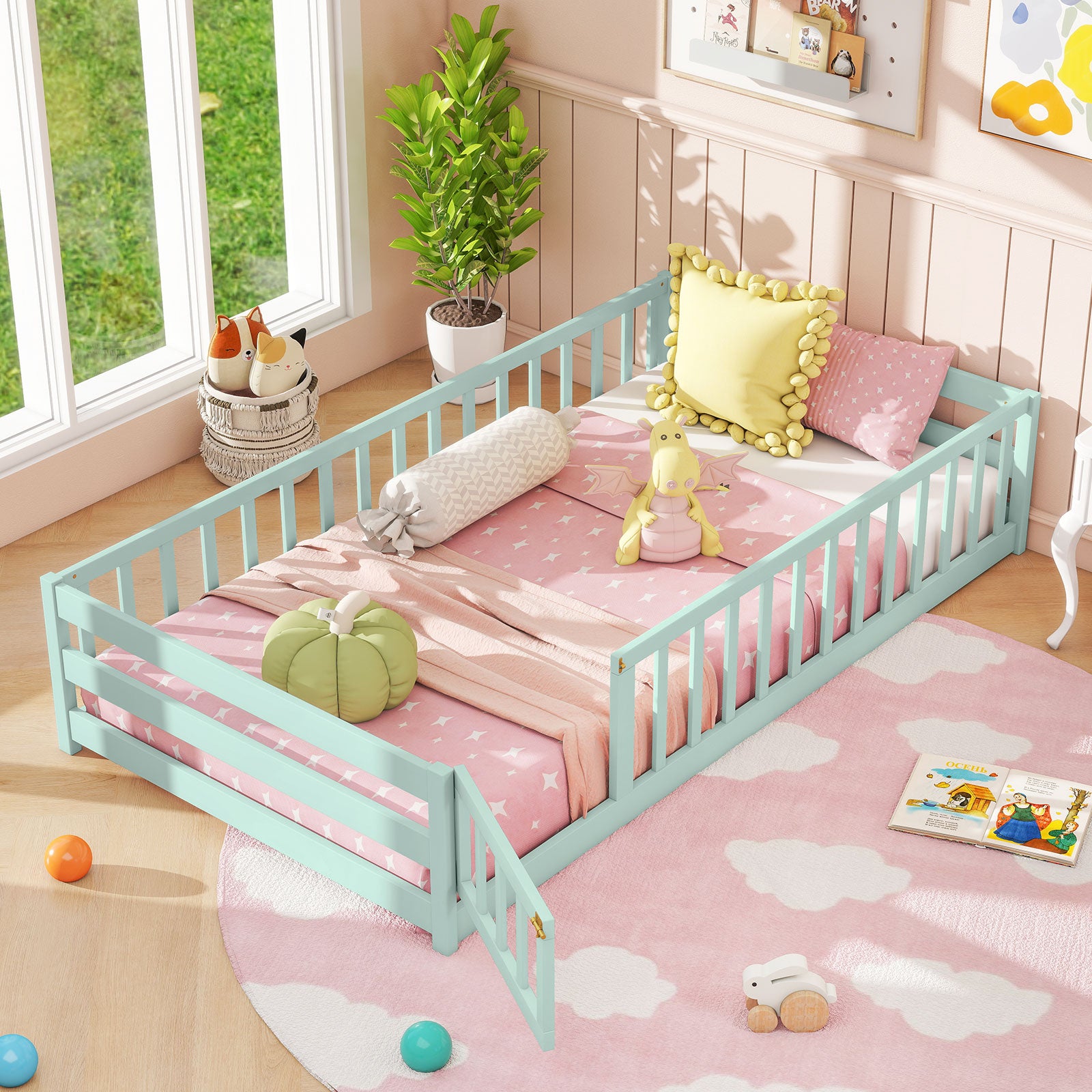 Twin Size Montessori Floor Bed Frame, Full Length Safety Guardrails, Green Toddler Beds at Gallery Canada