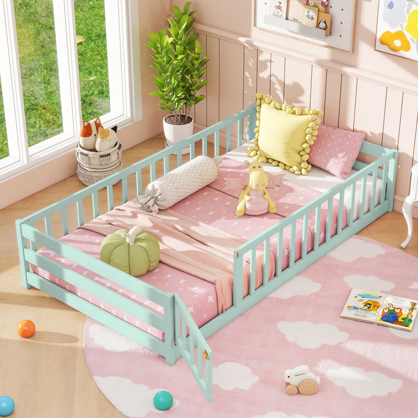 Twin Size Montessori Floor Bed Frame, Full Length Safety Guardrails, Green Toddler Beds at Gallery Canada