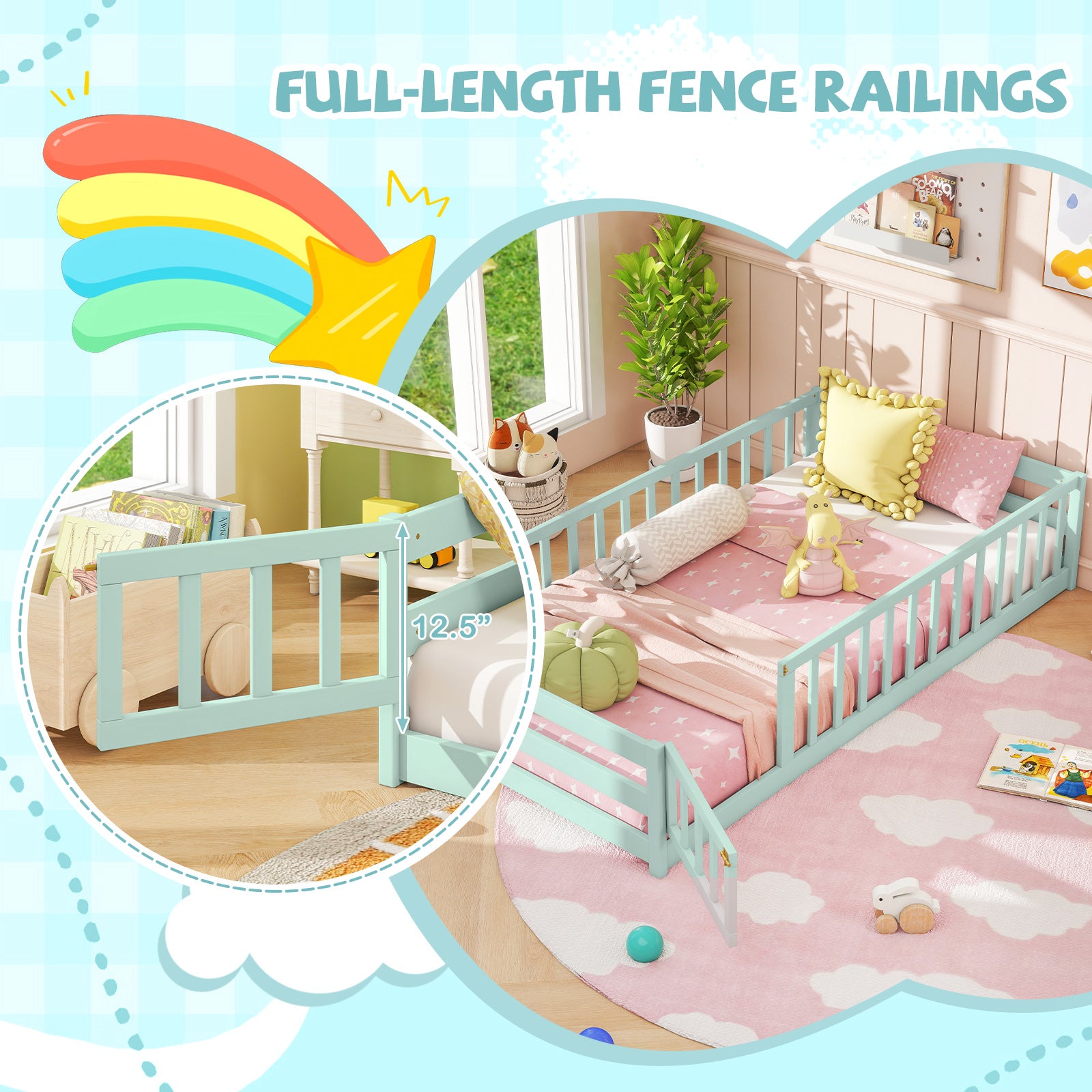 Twin Size Montessori Floor Bed Frame, Full Length Safety Guardrails, Green Toddler Beds at Gallery Canada