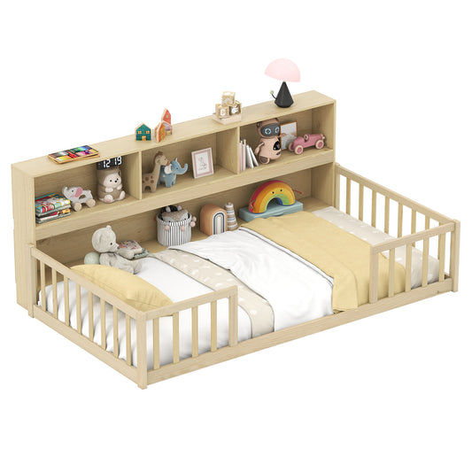 Twin Size Montessori Floor Bed With Bookcase, Natural Trundle Bed Frame Natural at Gallery Canada