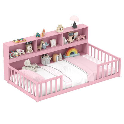 Twin Size Montessori Floor Bed With Bookcase, Pink Trundle Bed Frame Pink at Gallery Canada