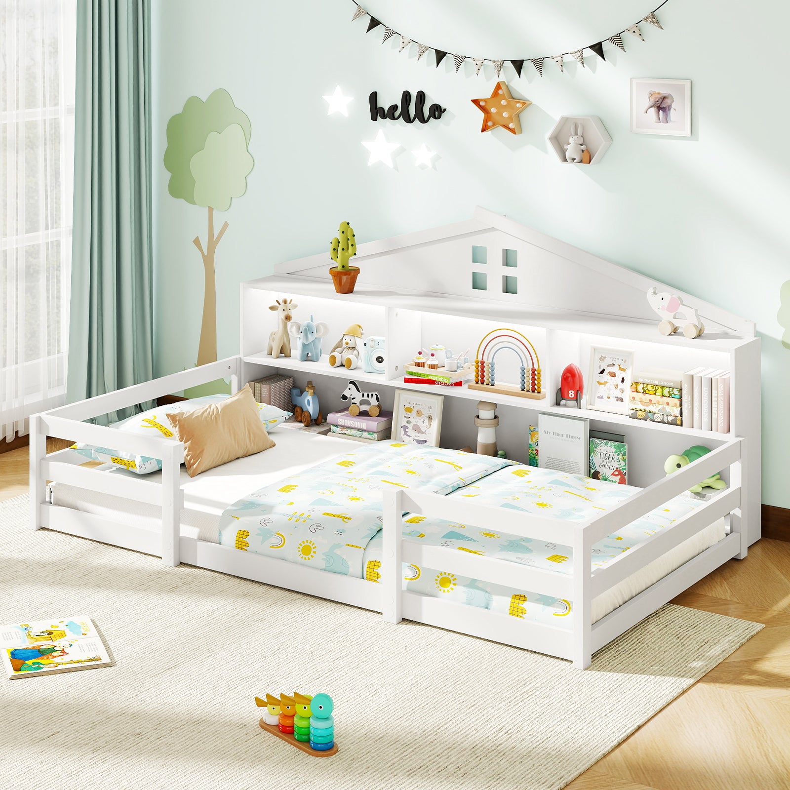 Twin Size Montessori Floor Bed with Storage Compartments and Shelf, White Trundle Bed Frame at Gallery Canada