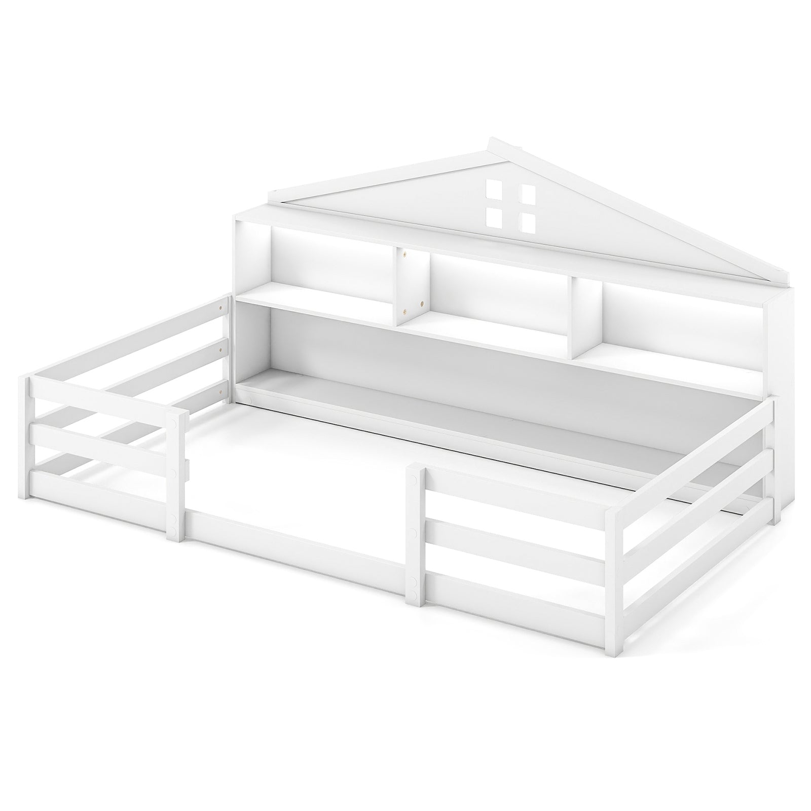 Twin Size Montessori Floor Bed with Storage Compartments and Shelf, White Trundle Bed Frame at Gallery Canada