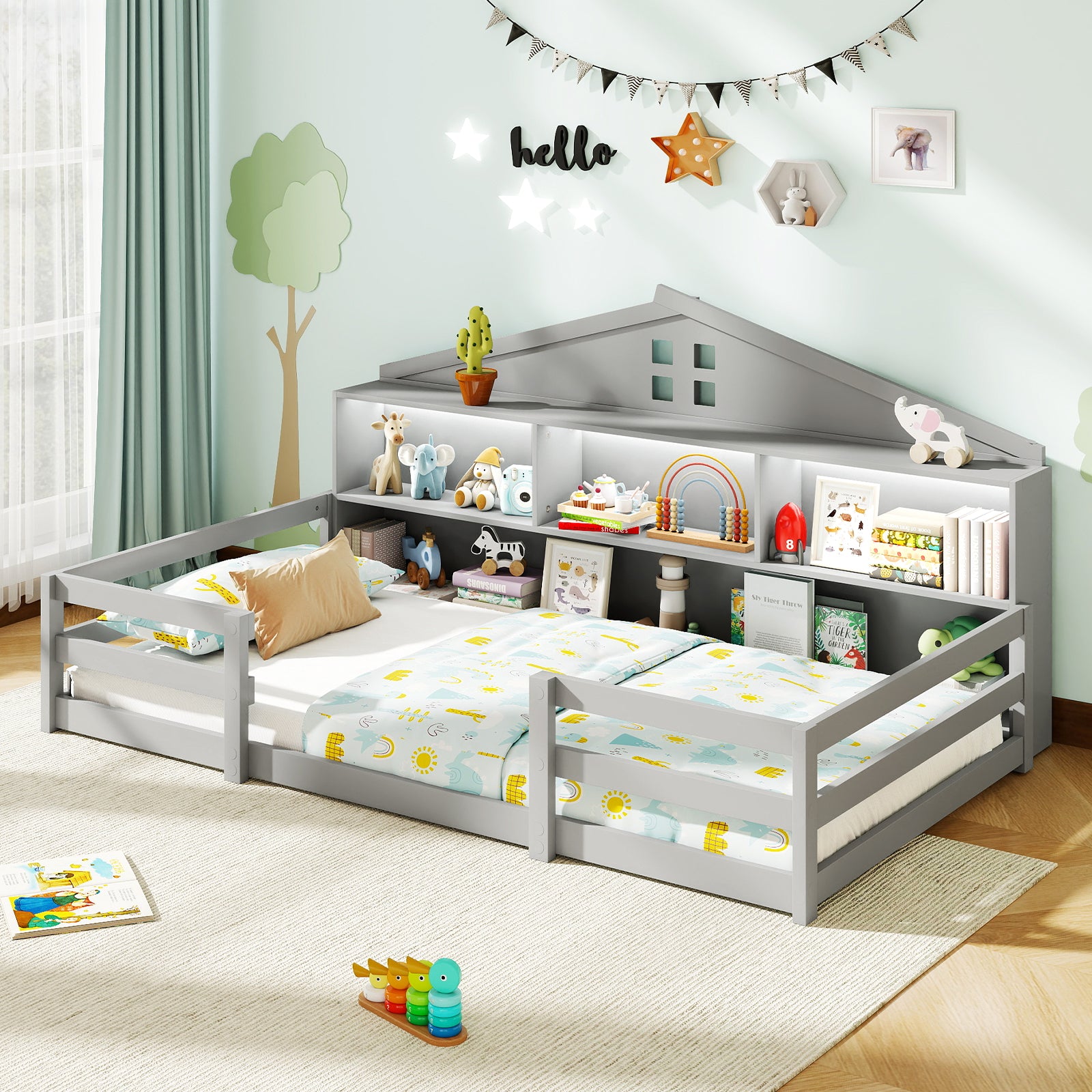Twin Size Montessori Floor Bed with Storage Compartments and Shelf, Gray Trundle Bed Frame at Gallery Canada