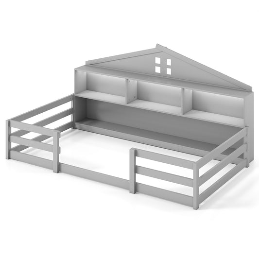 Twin Size Montessori Floor Bed with Storage Compartments and Shelf, Gray Trundle Bed Frame Gray at Gallery Canada