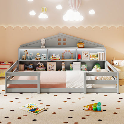Twin Size Montessori Floor Bed with Storage Compartments and Shelf, Gray Trundle Bed Frame at Gallery Canada