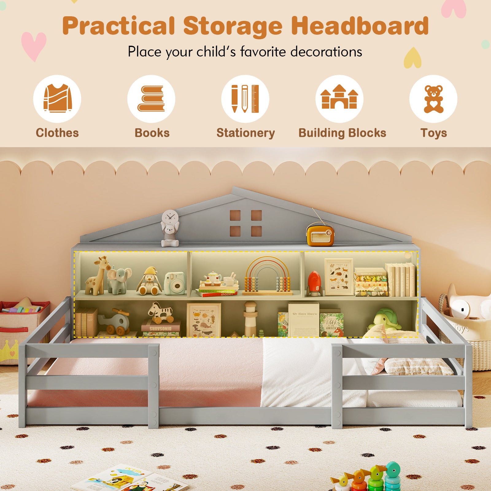 Twin Size Montessori Floor Bed with Storage Compartments and Shelf, Gray Trundle Bed Frame at Gallery Canada