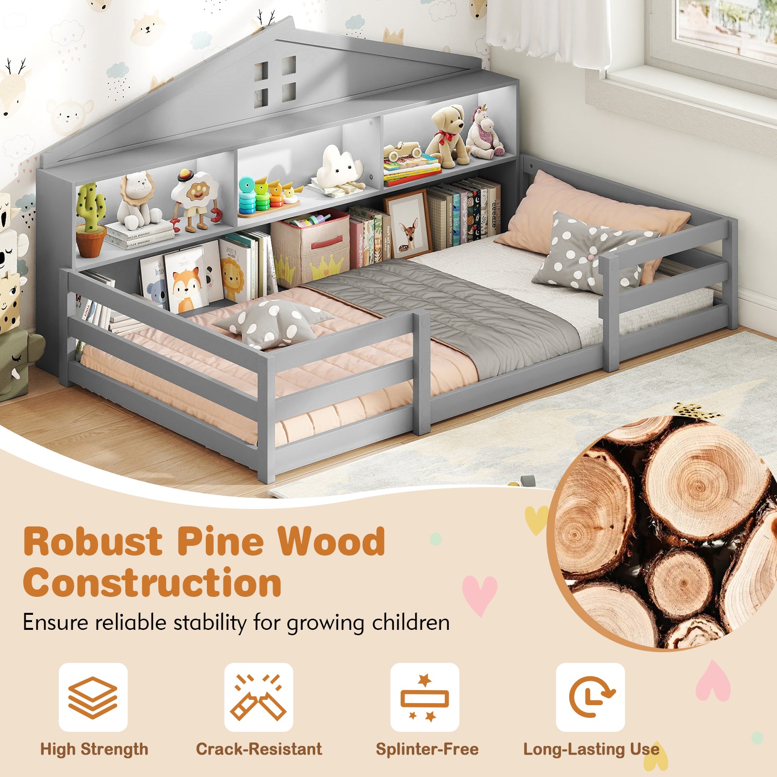 Twin Size Montessori Floor Bed with Storage Compartments and Shelf, Gray Trundle Bed Frame at Gallery Canada