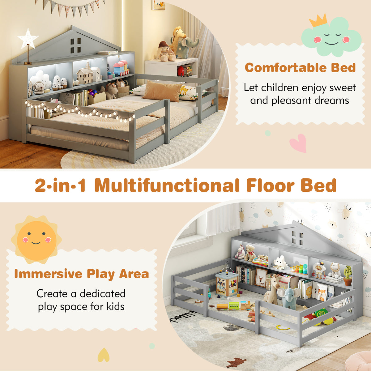 Twin Size Montessori Floor Bed with Storage Compartments and Shelf, Gray Trundle Bed Frame at Gallery Canada