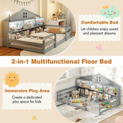 Twin Size Montessori Floor Bed with Storage Compartments and Shelf, Gray Trundle Bed Frame at Gallery Canada