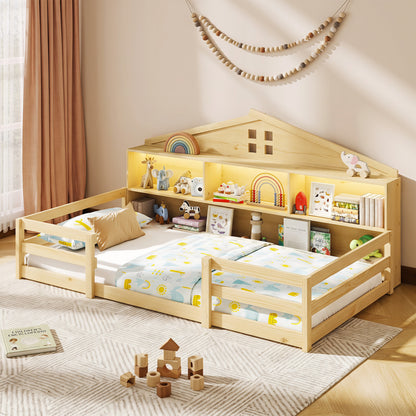 Lit Montessori au sol jumeau avec rangement, naturel