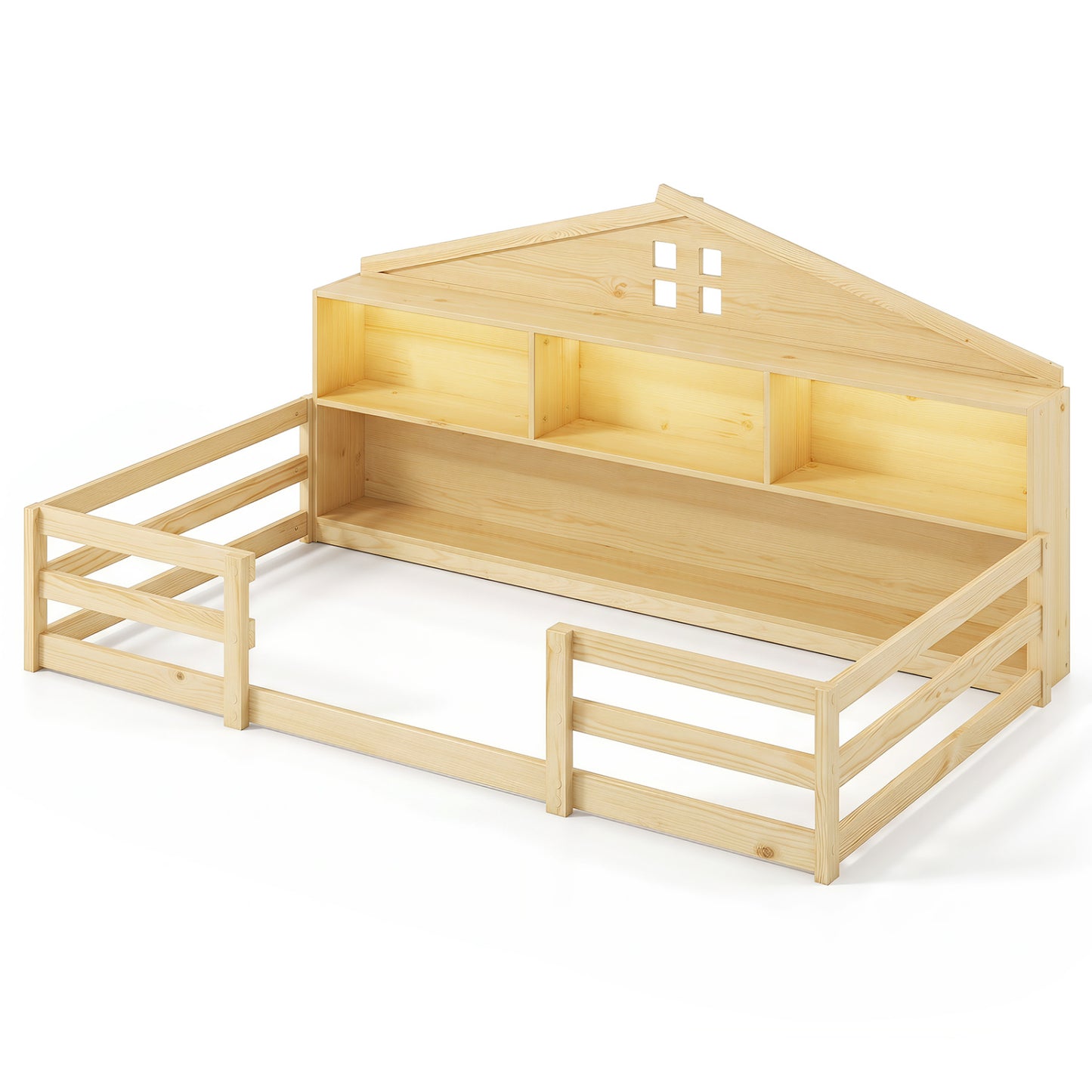 Lit Montessori au sol jumeau avec rangement, naturel
