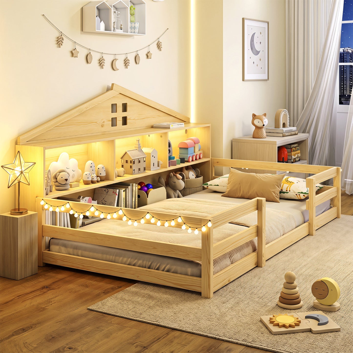 Lit Montessori au sol jumeau avec rangement, naturel