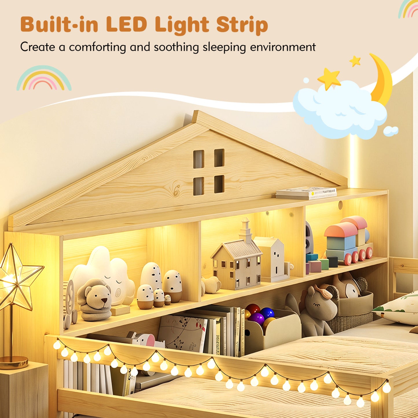 Lit Montessori au sol jumeau avec rangement, naturel