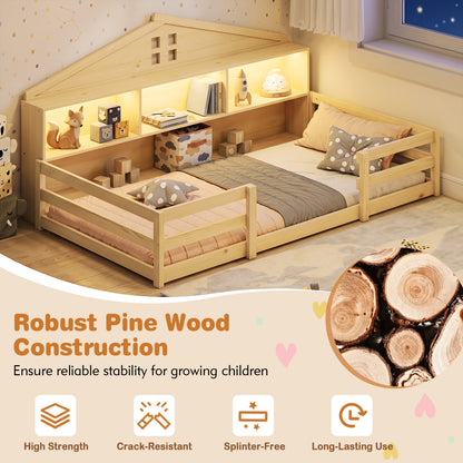 Lit Montessori au sol jumeau avec rangement, naturel