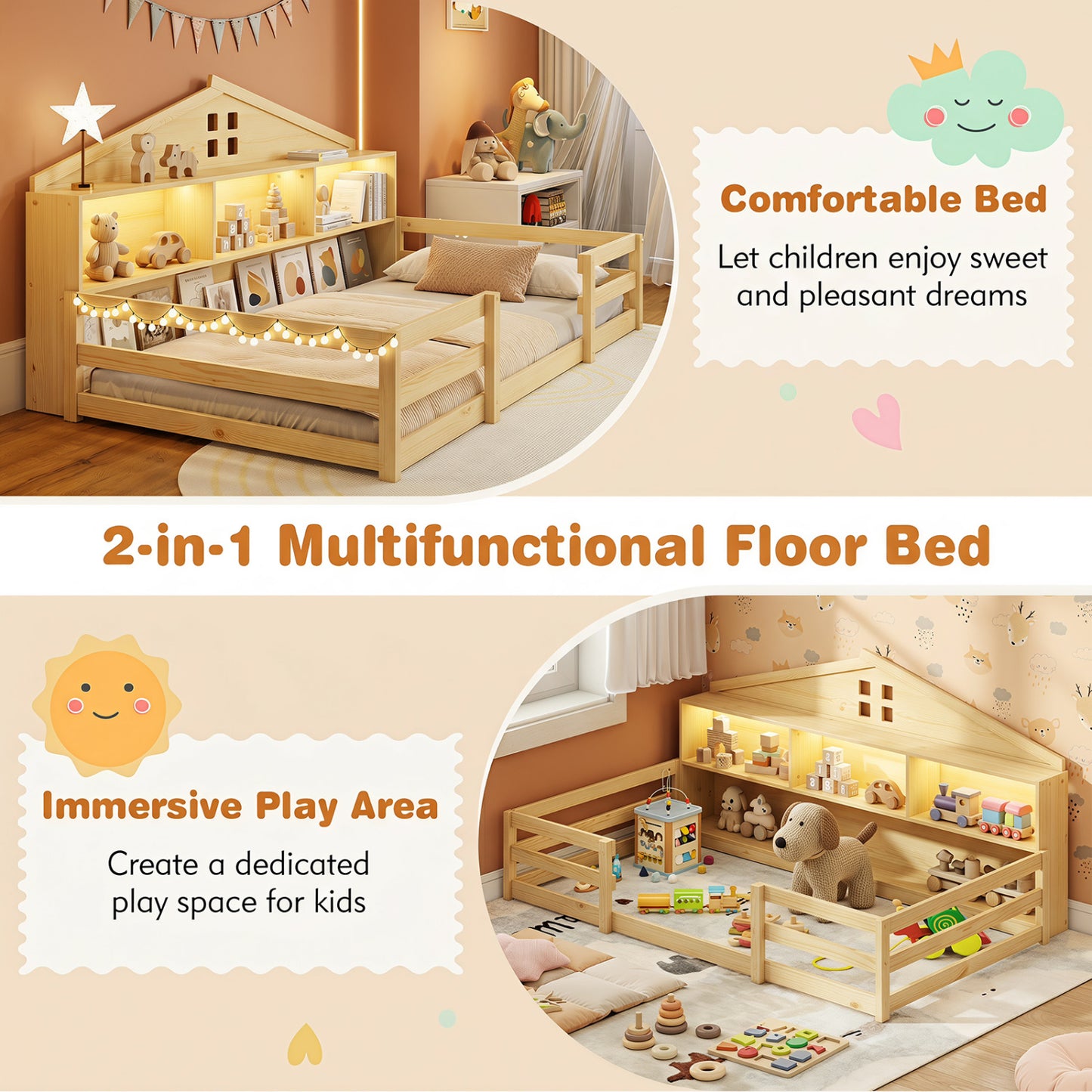 Lit Montessori au sol jumeau avec rangement, naturel