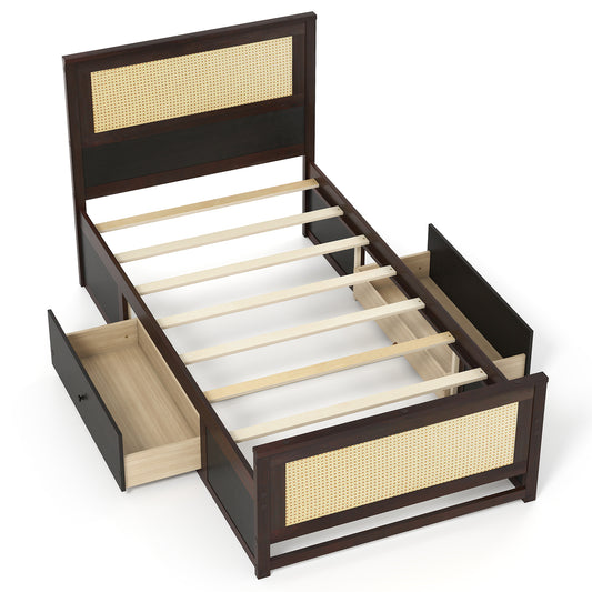 Twin Size Rattan Bed Frame with Storage Drawers, Coffee Trundle Bed Frame Coffee at Gallery Canada