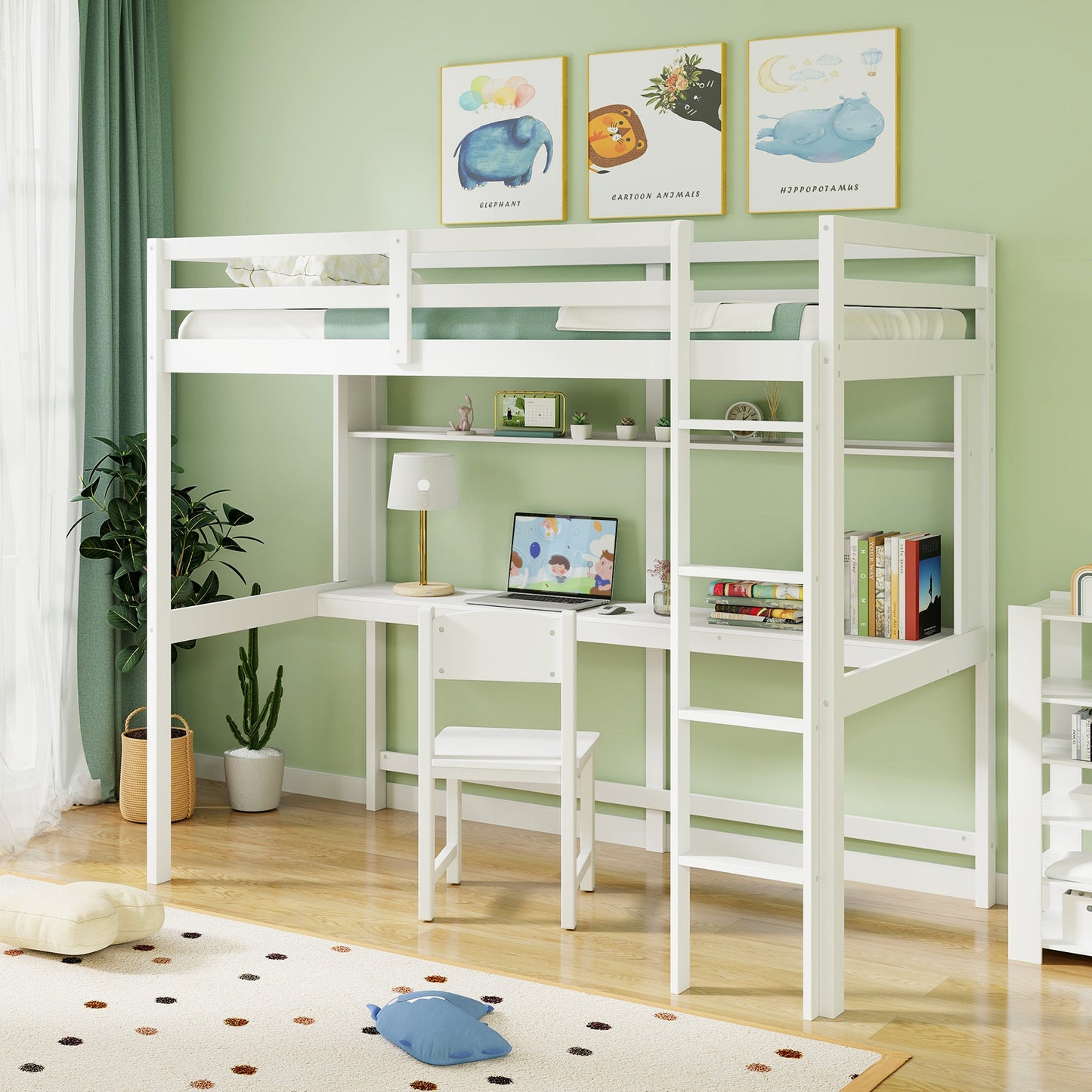 Twin Size Solid Wood Loft Bed Frame With Safety Guardrail, White Bunk Bed Frame at Gallery Canada