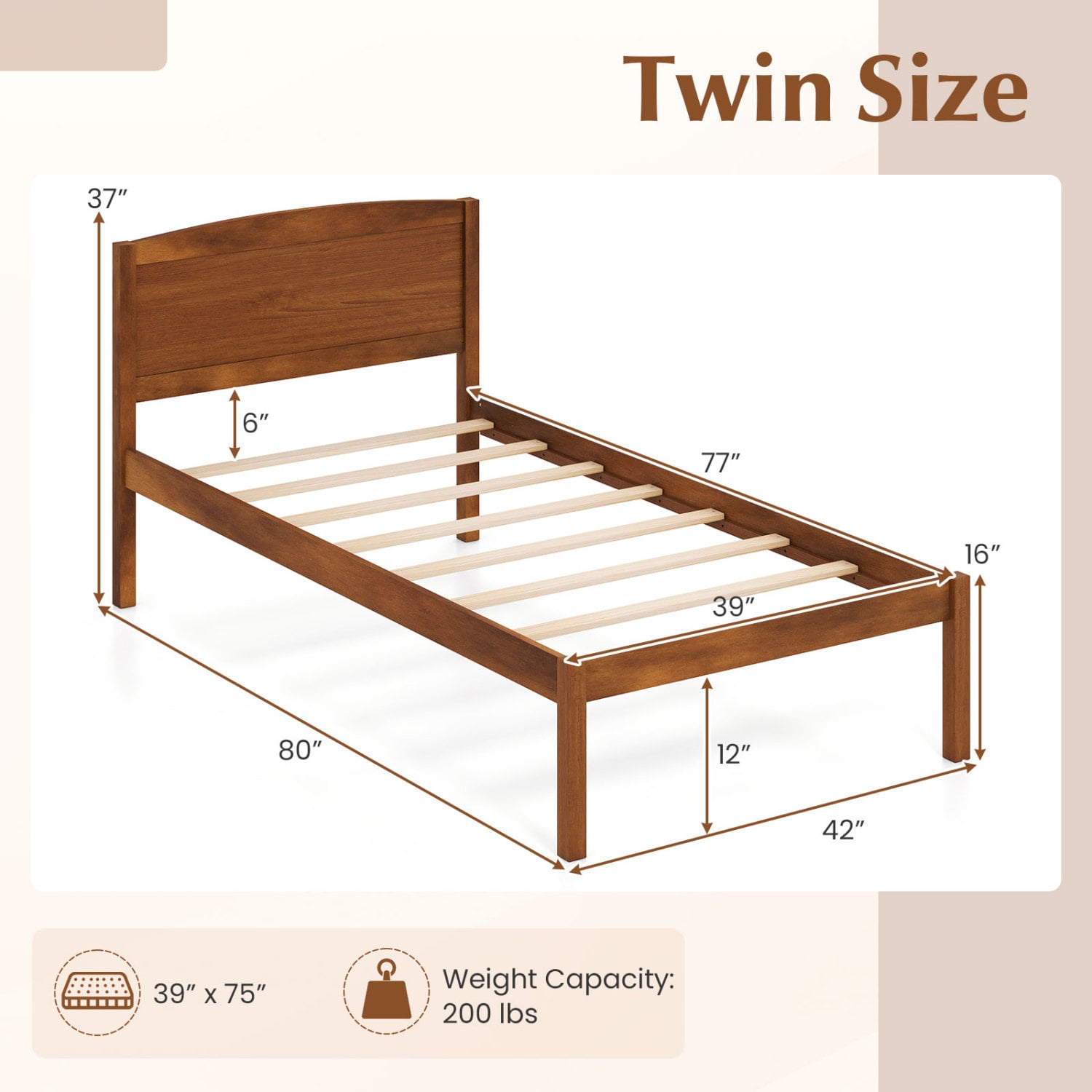 Twin Size Wooden Platform Bed Frame, Walnut Beds & Bed Frames at Gallery Canada