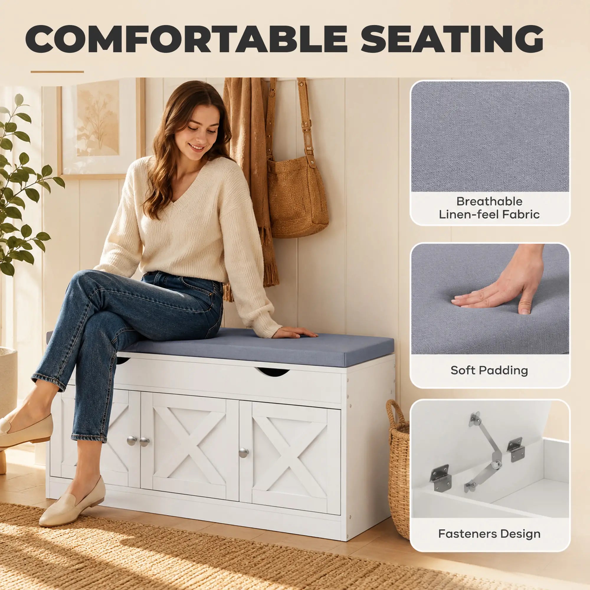 3-Door Shoe Bench with Cushion, Adjustable Shelves, White Shoe Storage Cabinets & Racks at Gallery Canada