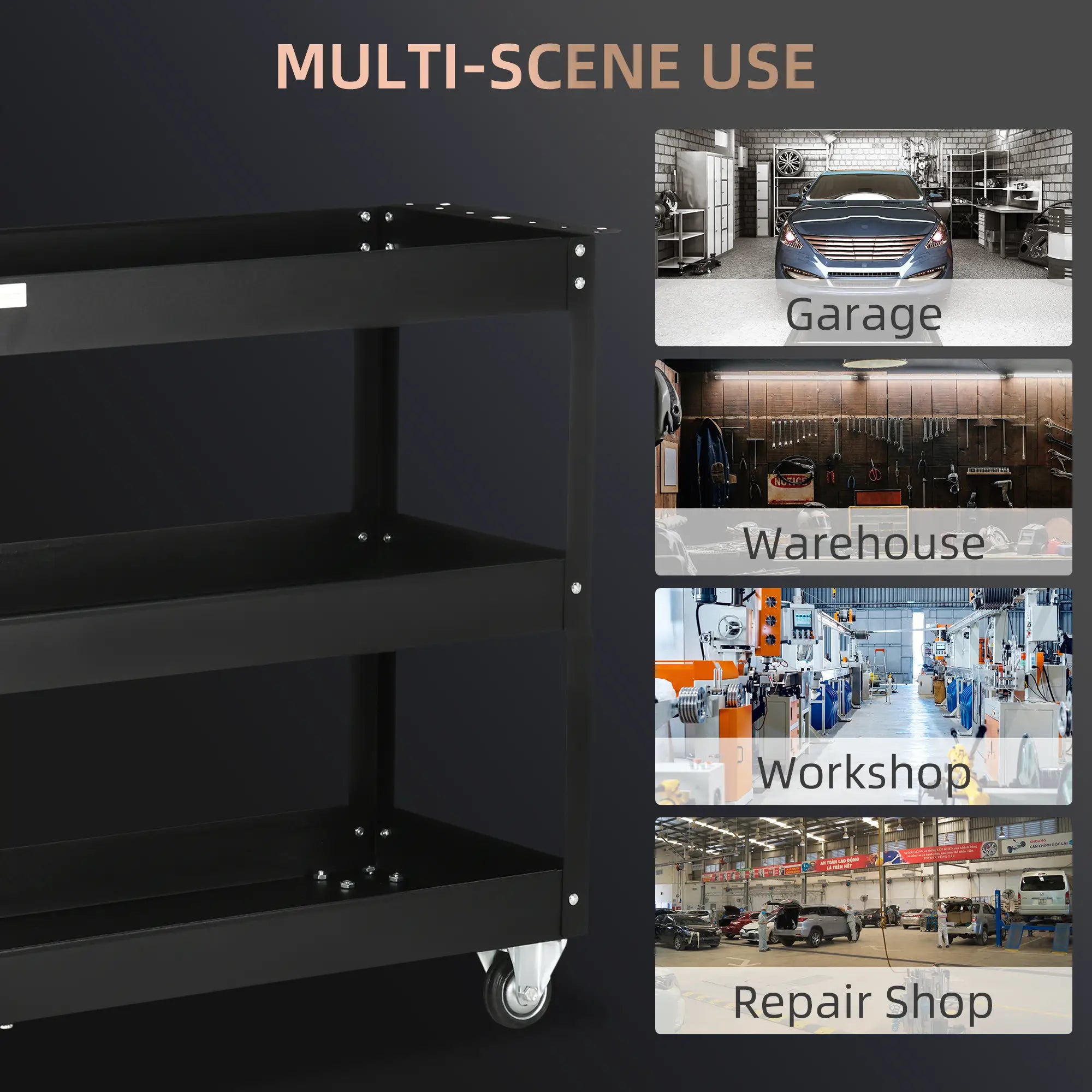 3 Tier Rolling Tool Cart, 330 LBS Capacity, Heavy Duty, Black Tool Organizers at Gallery Canada