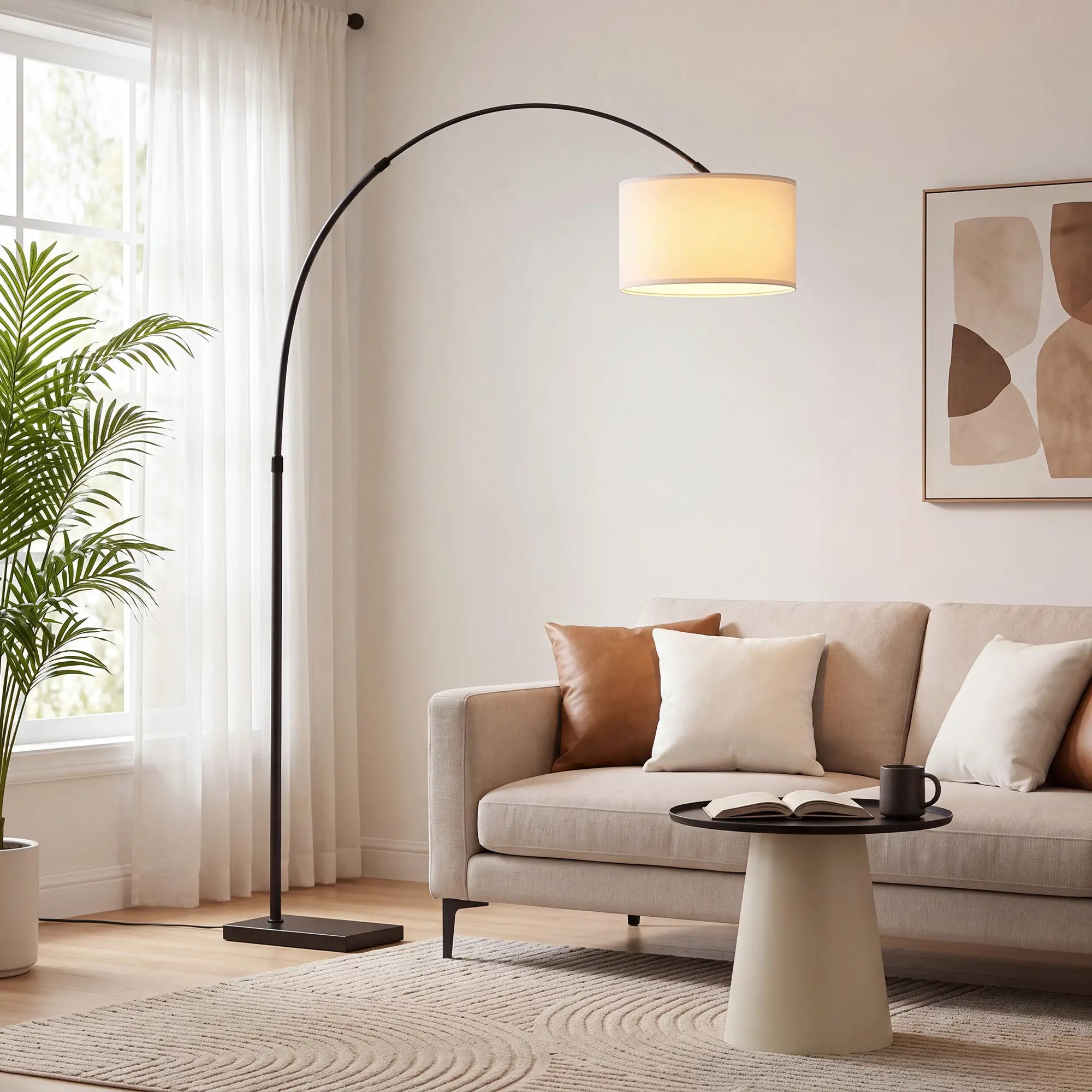 Arc Floor Lamp, Adjustable Linen Shade, 90° Tilt Swivel, Black Floor Lamps & Ceiling Fan Lights at Gallery Canada