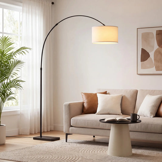 Arc Floor Lamp, Adjustable Linen Shade, 90° Tilt Swivel, Black Floor Lamps & Ceiling Fan Lights Multi Colour at Gallery Canada