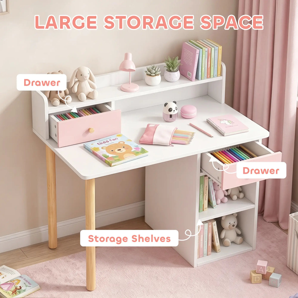 Kids Study Table and Chair Set, Desk with Storage, for 3-8 Year Old, Pink Kids Desk Sets at Gallery Canada