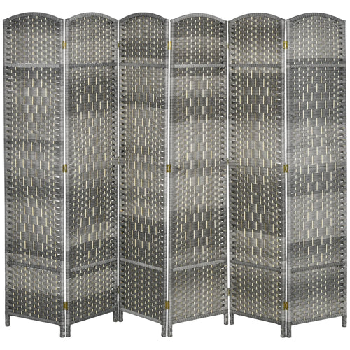 6 Ft Folding Room Divider, 6 Panel Privacy Screen, Hand-Woven, Mixed, Grey