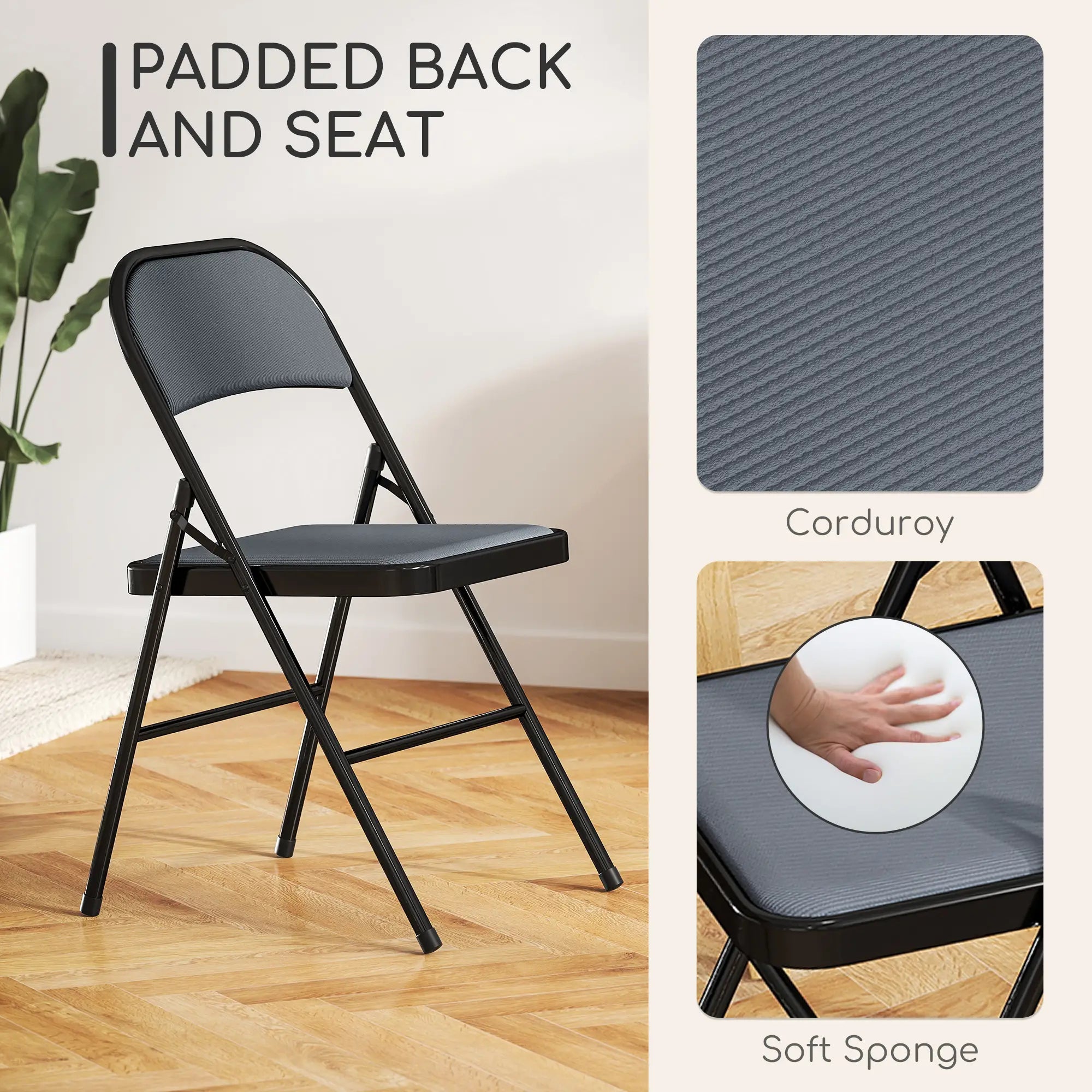 Set of 4 Metal Foldable Chairs, Corduroy Padded, Grey Dining Chairs at Gallery Canada