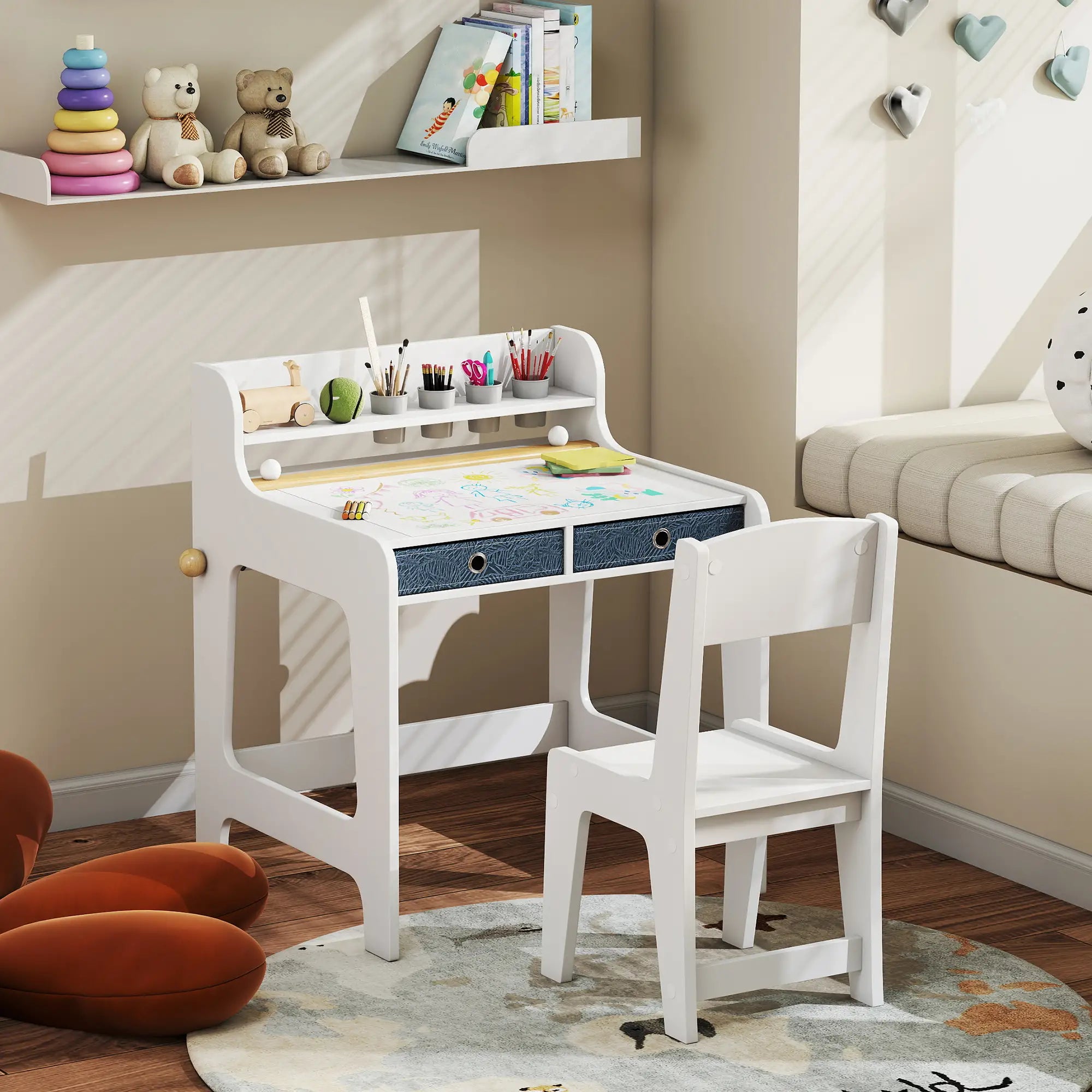 Kids Study Table and Chair Set, Art Desk with Storage Shelf, 3-8 Year Old Kids Desk Sets at Gallery Canada