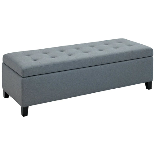 Rectangular Entry Bench, Tufted Upholstered Linen, Wood Feet, Grey