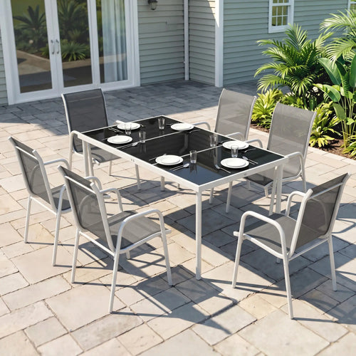 7 Piece Garden Dining Set, Rectangle Table, 6 Stackable Chairs