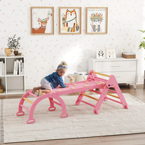 7-in-1 Pikler Triangle Set, Foldable Wooden Climbing Toys, Pink