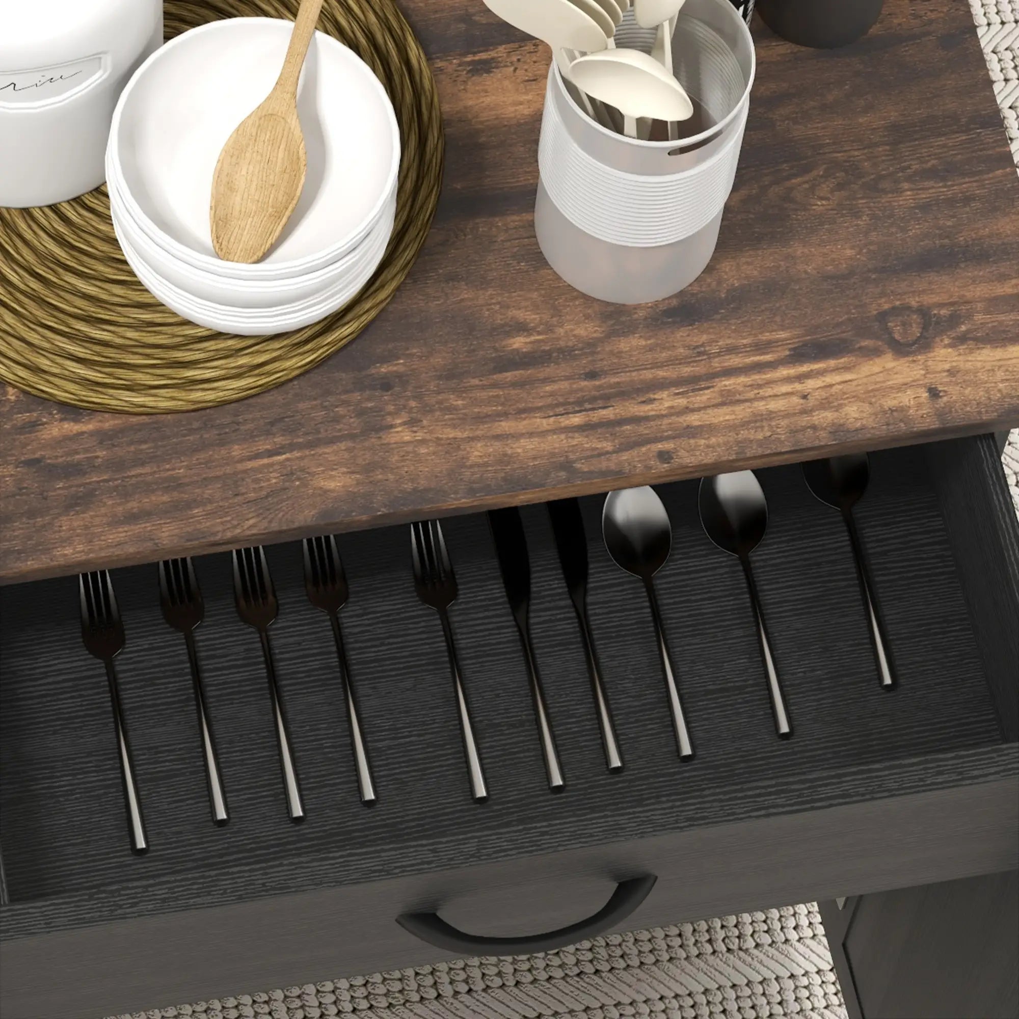 Modern Rolling Kitchen Island Cart, Natural Wood Top, Distressed Black, Black Kitchen Islands & Kitchen Carts at Gallery Canada