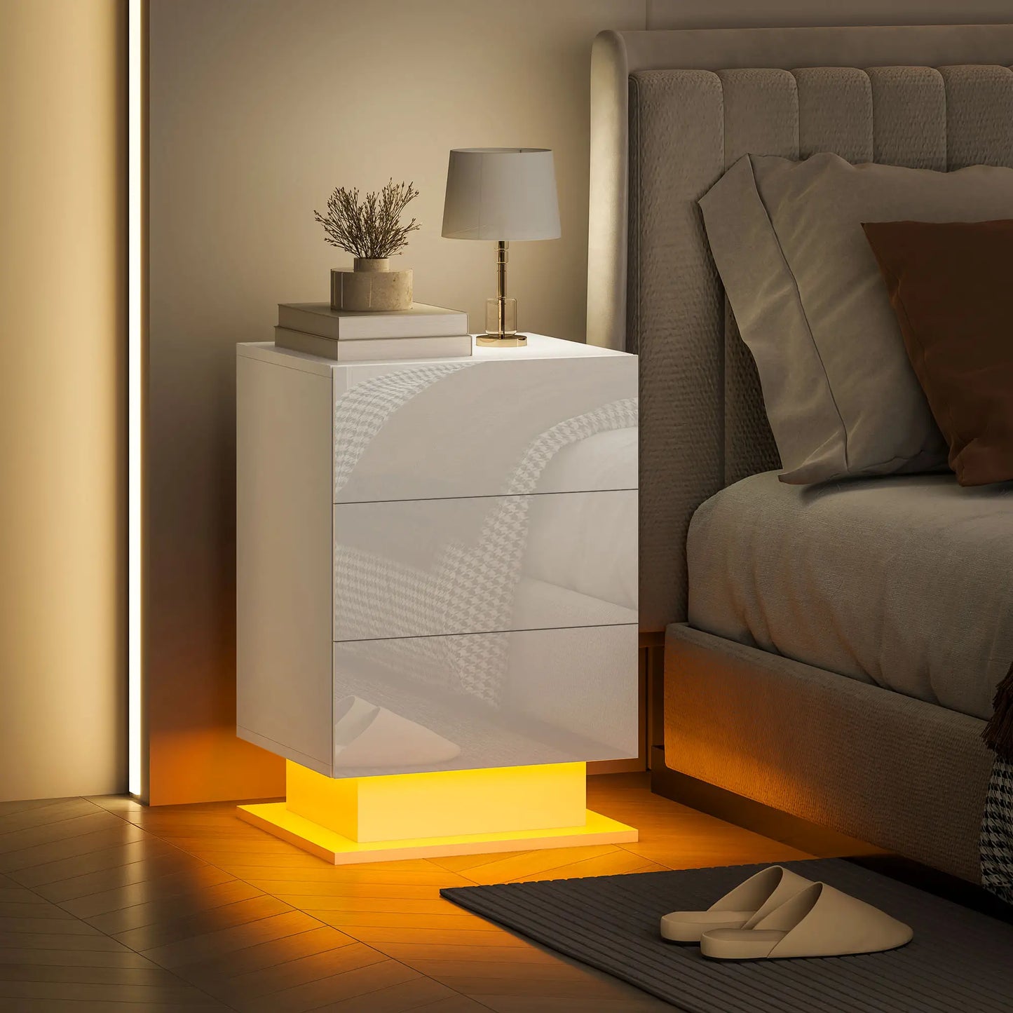 LED Nightstand with 3 Drawers, APP Control, White Bedside Tables at Gallery Canada