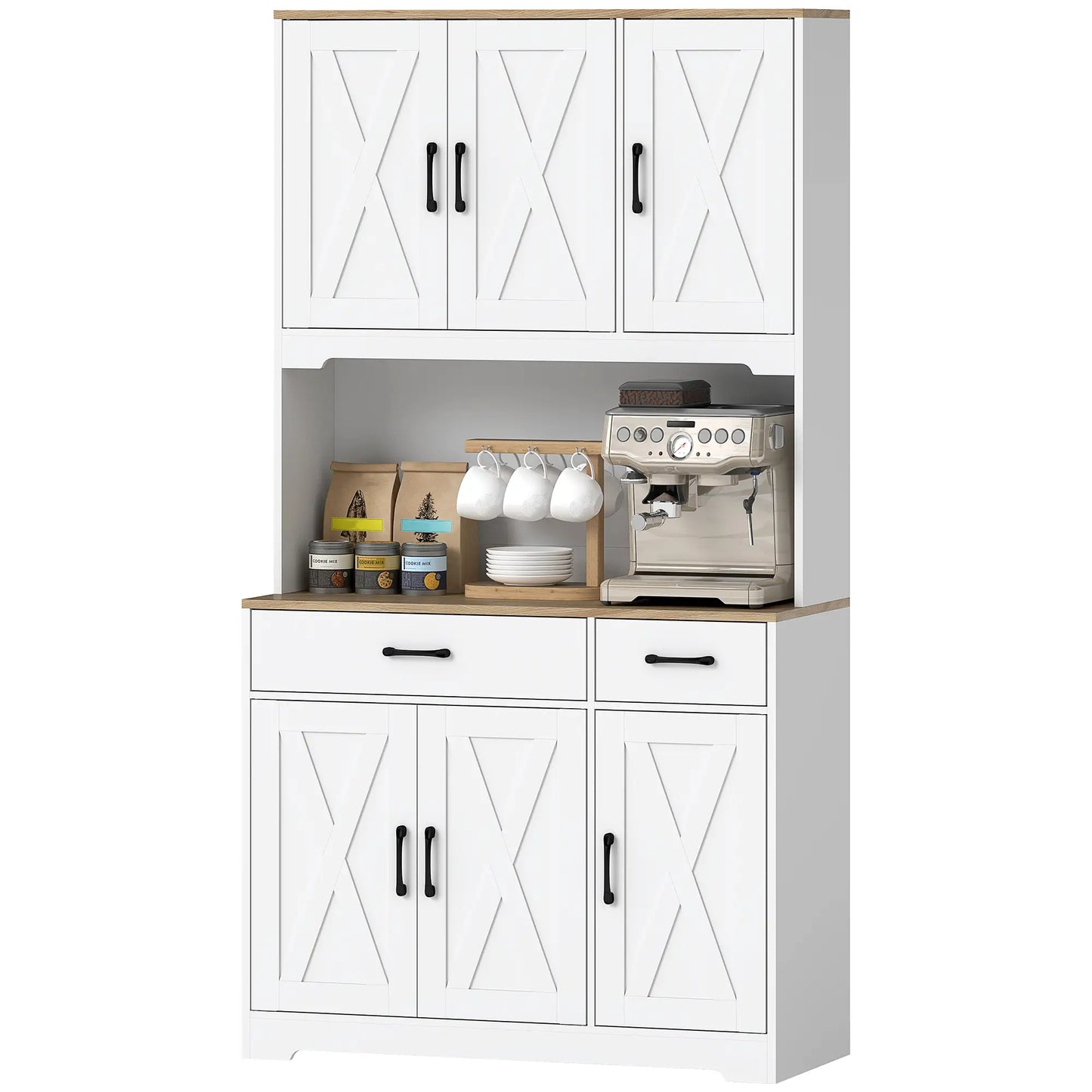 Tall Kitchen Pantry, 6 Doors, 2 Drawers, Adjustable Shelves, White Kitchen Pantry Cabinets Natural Wood, White at Gallery Canada