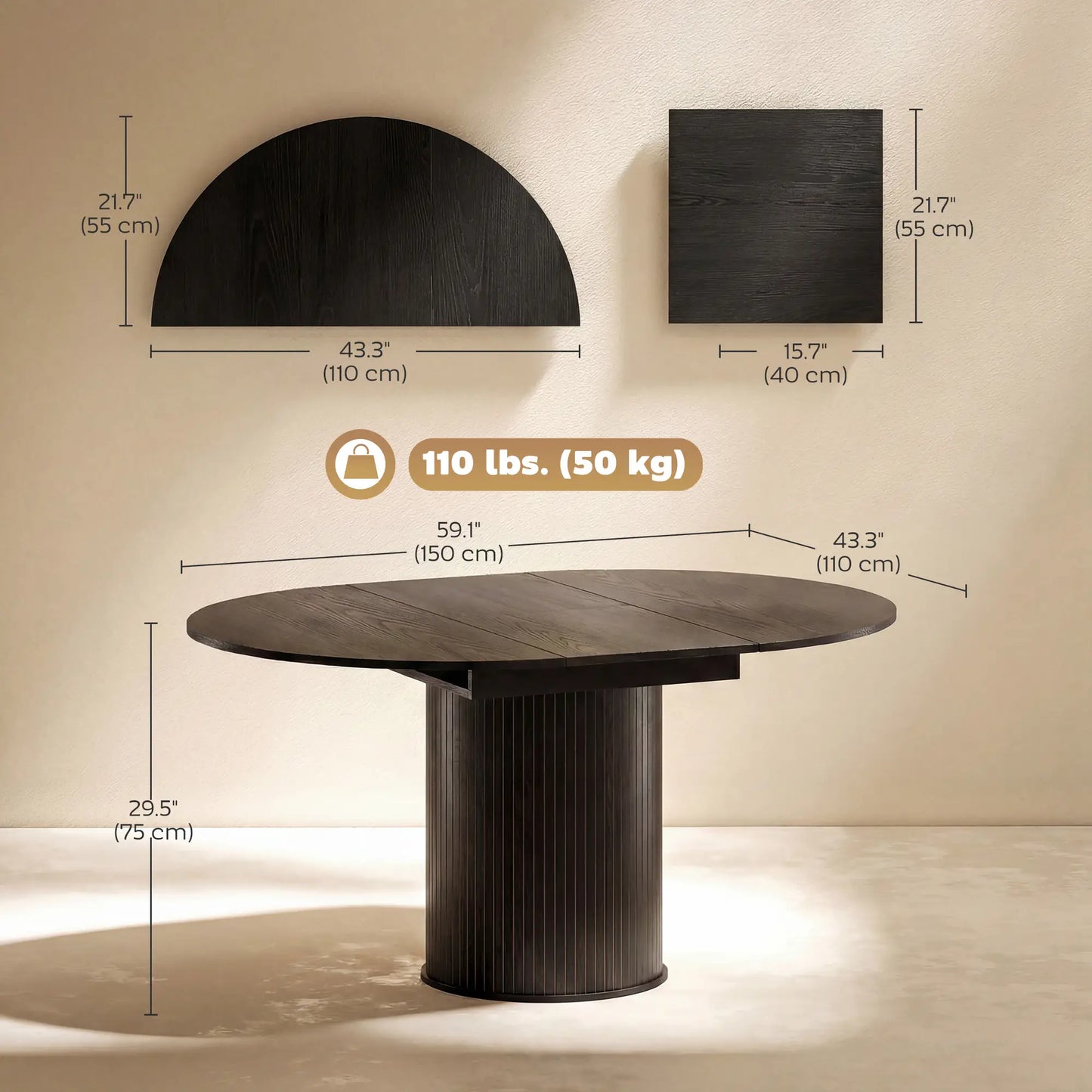 Extendable Kitchen Table, 43.5"-59", Black Wood Grain, Pedestal Base, Black Dining Tables at Gallery Canada