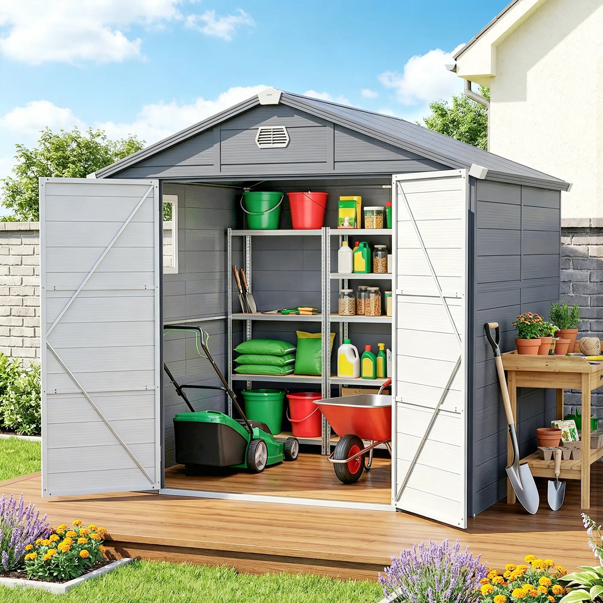 Small Garden Shed, Latch Door, Vents, Sloped Roof, 8x6, Light Grey Sheds at Gallery Canada