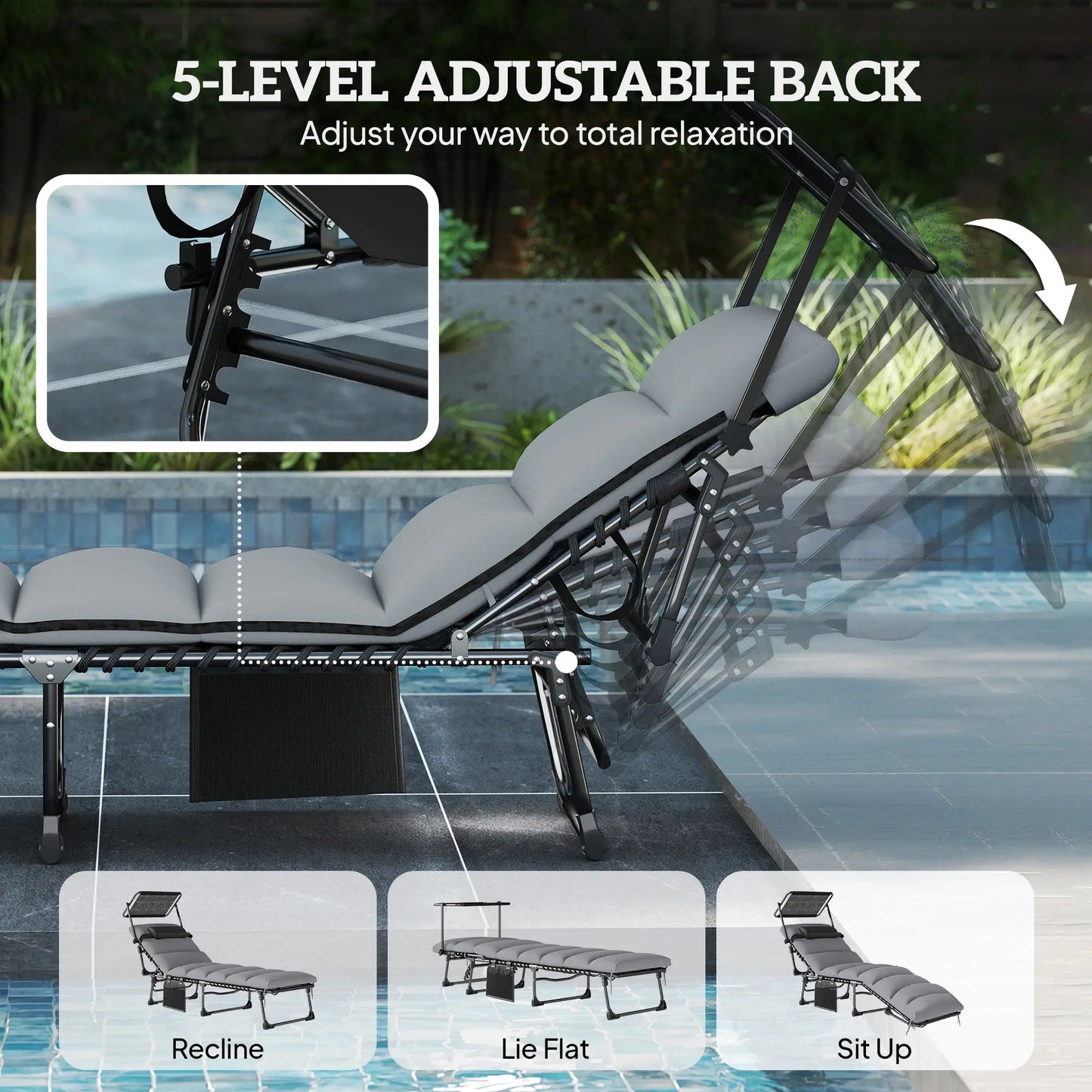 Outdoor Folding Chaise Lounge, 5-Level Adjustable Back, Cushion Lounger Chairs at Gallery Canada