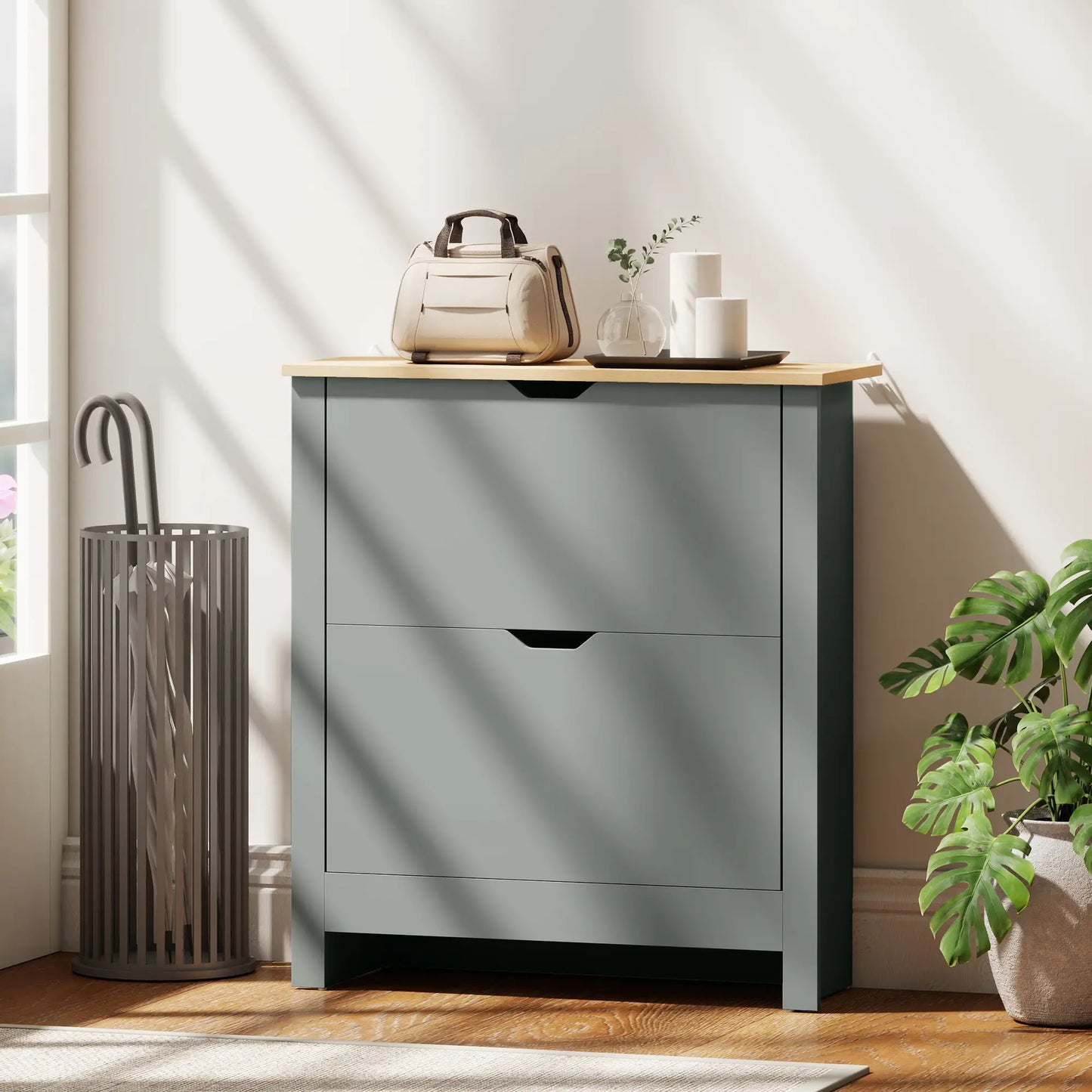 Shoe Storage Cabinet, 2 Flip Drawers, Adjustable Shelves, Light Grey Shoe Storage Cabinets & Racks at Gallery Canada