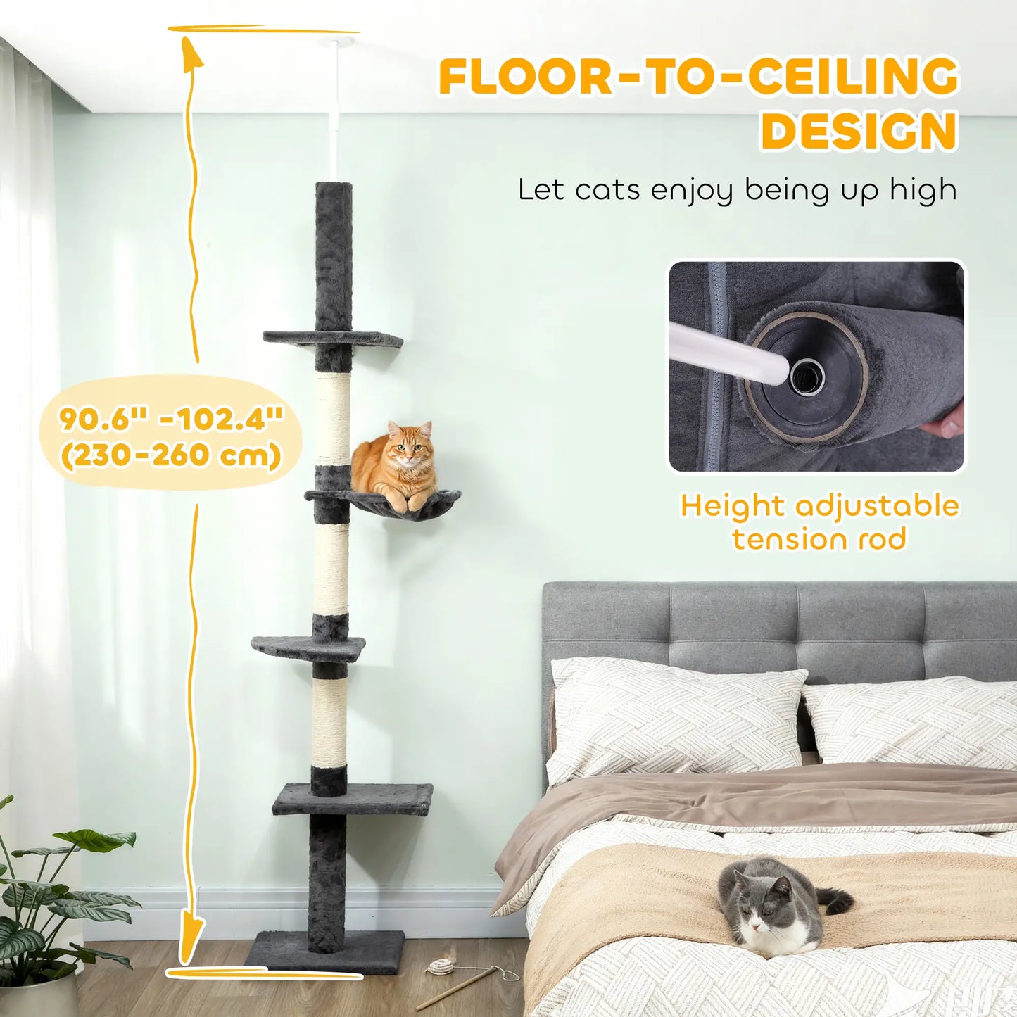 8.5ft Cat Climbing Tree, 5-Tier Activity Center, Scratching Post, Dark Grey Floor to Ceiling Cat Trees at Gallery Canada