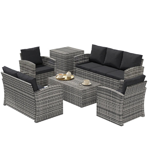 6-Piece Wicker Patio Furniture Set, 7-Seater with Cushions, Black