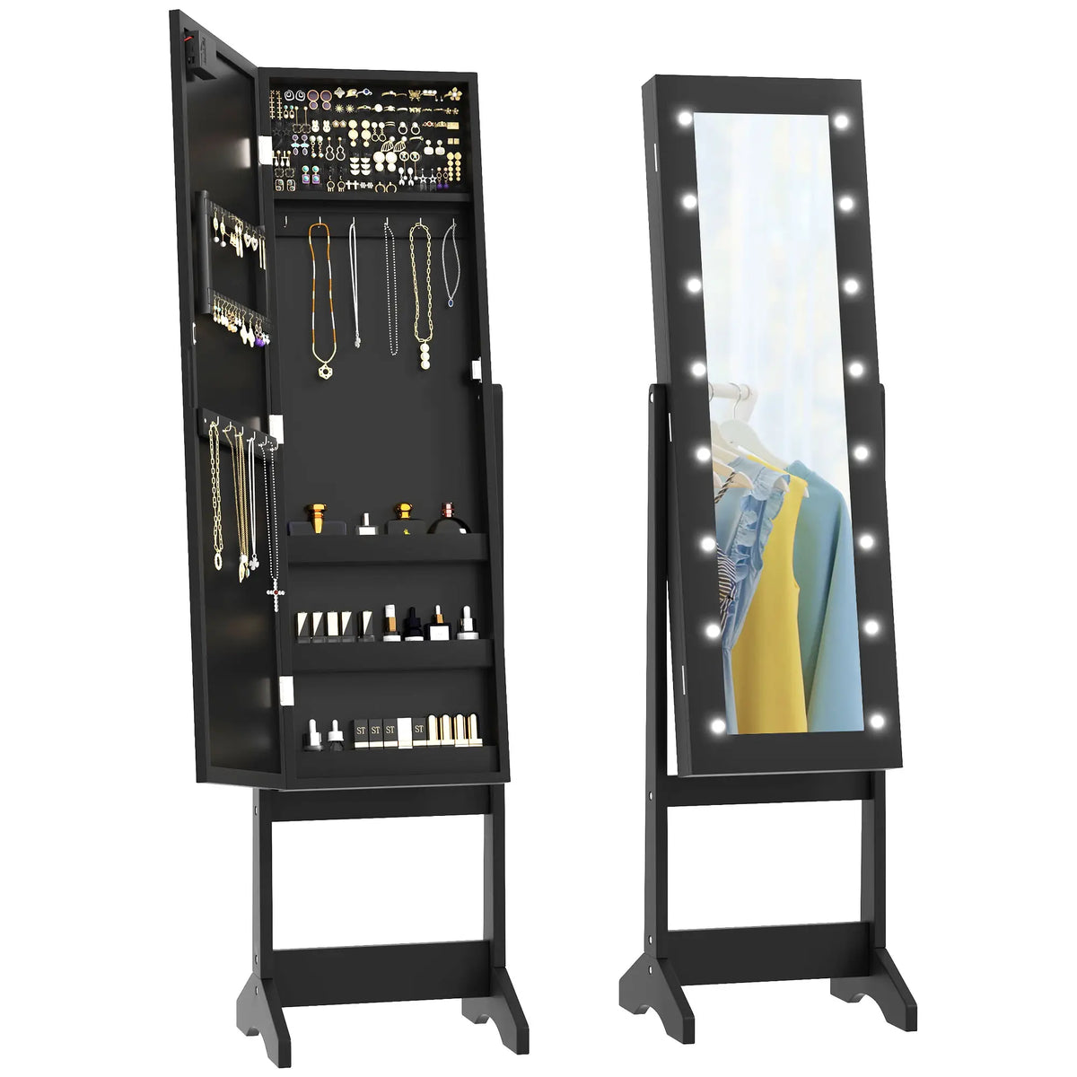 Free Standing Armoire Organizer, Lighted Mirrored Jewelry Cabinet, 16 LED Lights, Black Jewelry Armoire & Jewellery Mirror Cabinets Black at Gallery Canada