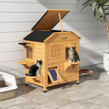 2-Storey Outdoor Cat House, Wooden Catio, Openable Roof, Yellow Cat Houses at Gallery Canada