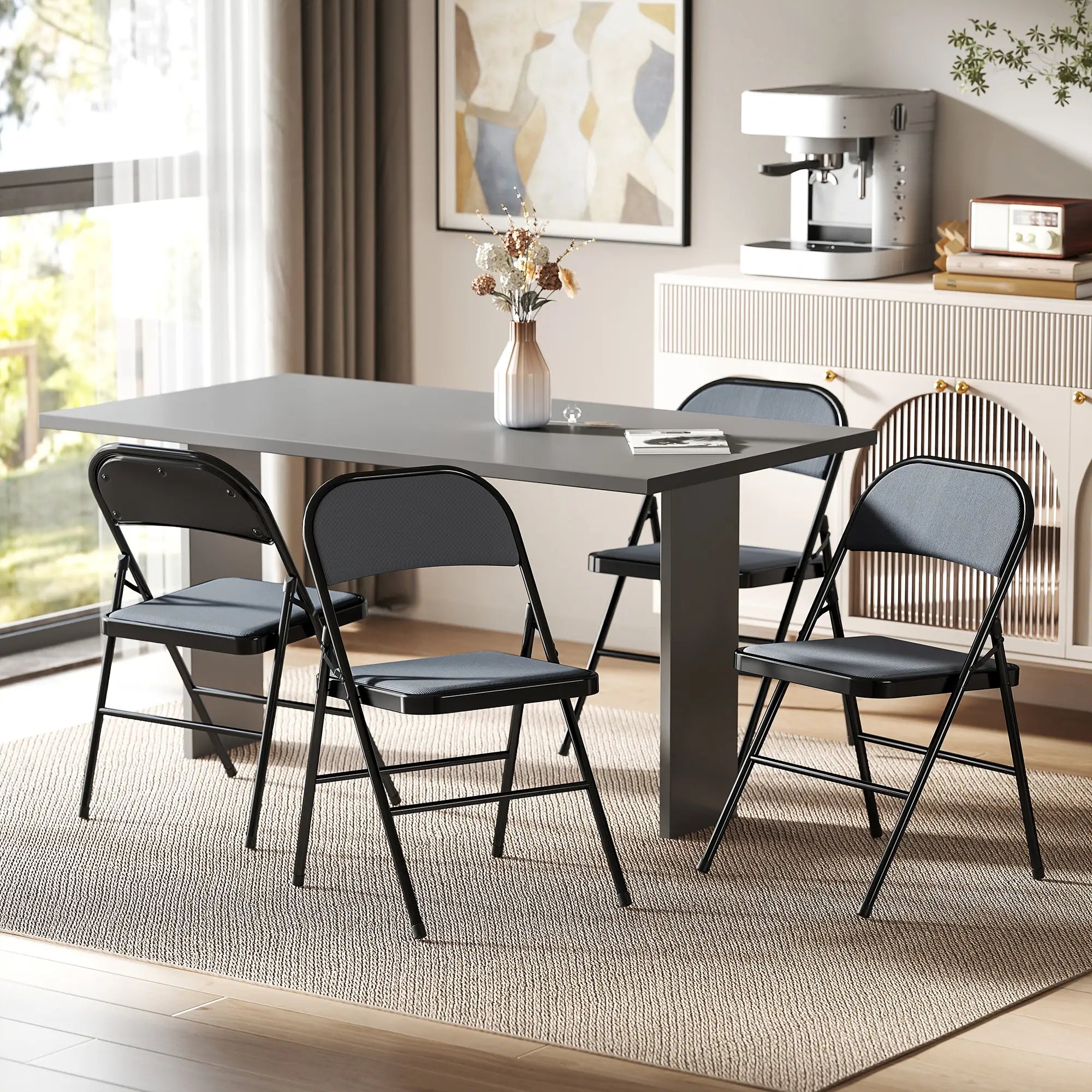 Set of 4 Metal Foldable Chairs, Corduroy Padded, Grey Dining Chairs at Gallery Canada